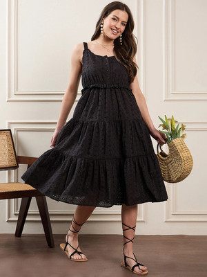 ZUMMER Women Fit and Flare Black Midi/Calf Length Dress