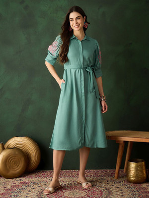 Sangria Women A-line Green Midi/Calf Length Dress