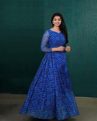 Hare Krishna Women Bandhani Anarkali Kurta(Blue)