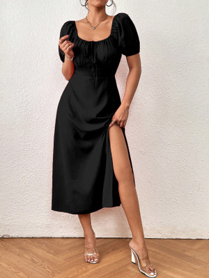 Aahwan Women A-line Black Midi/Calf Length Dress