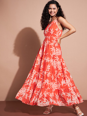 Deewa Women A-line Orange, White Maxi/Full Length Dress