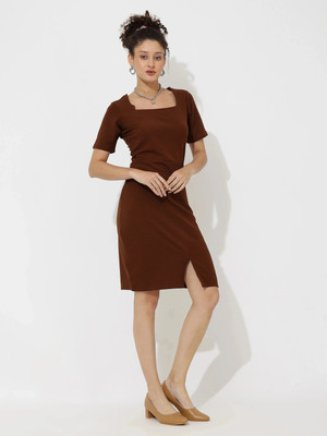 Dwarros Women Bodycon Brown Knee Length Dress