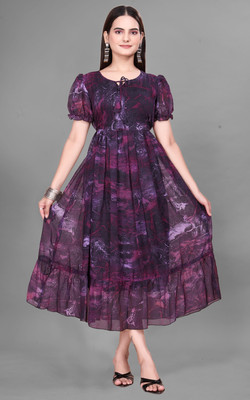 QUEUEE CREATION Women Fit and Flare Purple Midi/Calf Length Dress