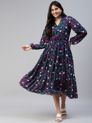 PLUSS Women Fit and Flare Black Midi/Calf Length Dress
