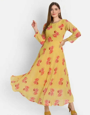 Harshiv Creation Women Gown Yellow Maxi/Full Length Dress