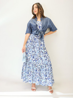 Globus Women Fit and Flare Blue Maxi/Full Length Dress