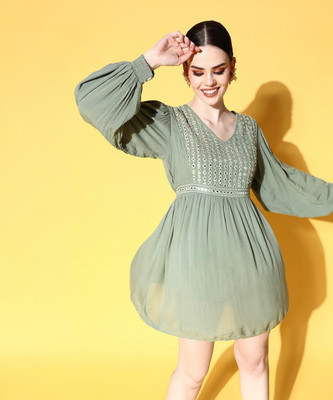 Ishin Women A-line Green Mini/Short Dress