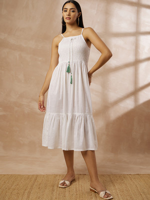 all about you Women Fit and Flare White Above Knee/Mid Thigh Length Dress