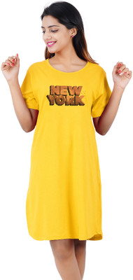 BEFLI Women T Shirt Yellow Above Knee/Mid Thigh Length Dress