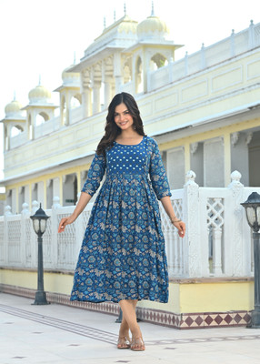 Fasshion Studio Women Fit and Flare Blue Below Knee Dress