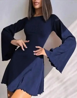 Mcgluwa Women A-line Dark Blue Above Knee/Mid Thigh Length Dress