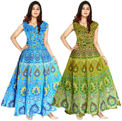 Shunit creation Women Fit and Flare Blue, Green Maxi/Full Length Dress