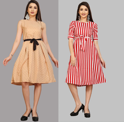 tanvi creation Women Fit and Flare Beige Below Knee Dress