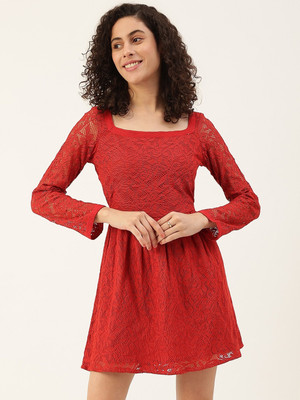 METRONAUT Women Fit and Flare Red Above Knee/Mid Thigh Length Dress