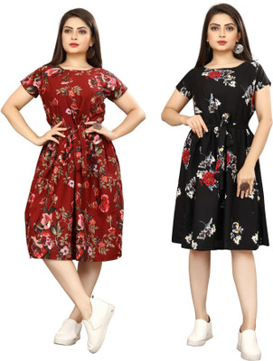 HouseOfCommon Women Fit and Flare Black Below Knee Dress