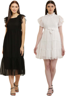 HEAVENS CREATIONS Women Fit and Flare Black, White Knee Length Dress