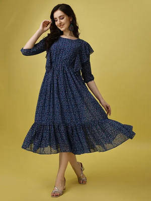 Priya Collection Women A-line Blue Midi/Calf Length Dress