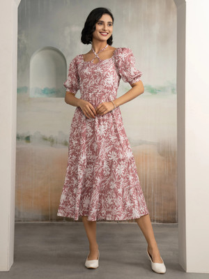 AASK Women Tiered Multicolor Midi/Calf Length Dress