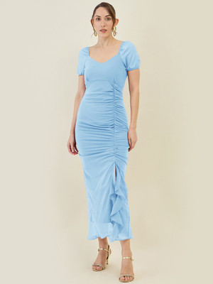AAYU Women A-line Light Blue Maxi/Full Length Dress