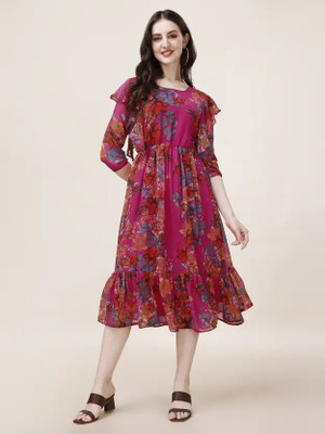 OSHO ENTERPRISE Women Fit and Flare Multicolor Knee Length Dress