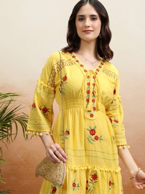 Vishudh Women Fit and Flare Yellow Dress