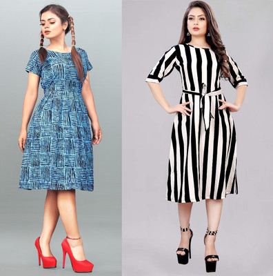 Hiral Creation Women A-line White, Light Blue, Black Midi/Calf Length Dress