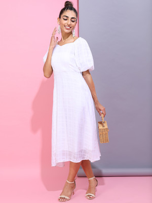 Tokyo Talkies Women Skater White Midi/Calf Length Dress