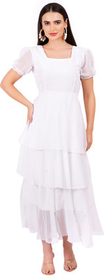 color world Women Layered White Maxi/Full Length Dress