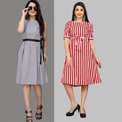 maruti fab Women Fit and Flare Grey, Red Dress