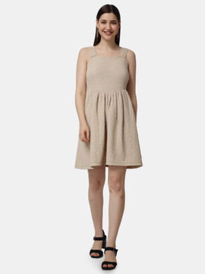 METRONAUT Women Fit and Flare Beige Above Knee/Mid Thigh Length Dress