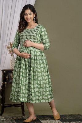 COTTON MULMUL STORE Women A-line Light Green, White Midi/Calf Length Dress