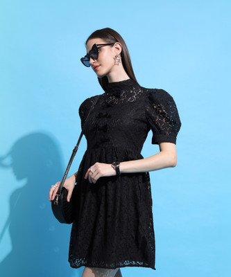 Tokyo Talkies Women A-line Black Above Knee/Mid Thigh Length Dress