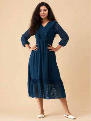 AASK Women Fit and Flare Blue Midi/Calf Length Dress