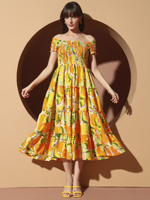 ZWERLON Women Fit and Flare Yellow Midi/Calf Length Dress