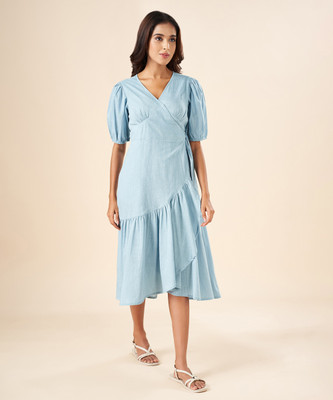 Akkriti by Pantaloons Women Wrap Light Blue Midi/Calf Length Dress