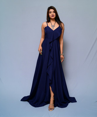 diyaz Women Fit and Flare Dark Blue Maxi/Full Length Dress