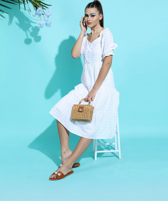 Tokyo Talkies Women Fit and Flare White Midi/Calf Length Dress