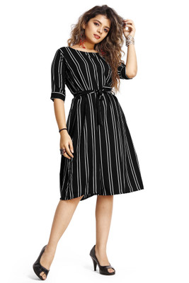 Rinra Women A-line Black, White Below Knee Dress