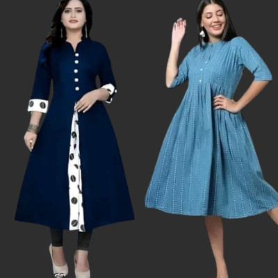 Houseofcommonk Women Printed Anarkali Kurta(Blue, Light Blue)