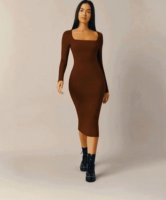 Western Darji Women Bodycon Brown Below Knee Dress