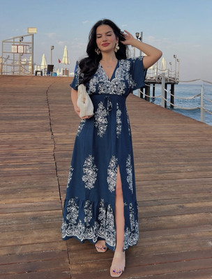 NWH Women Fit and Flare Brown Maxi/Full Length Dress