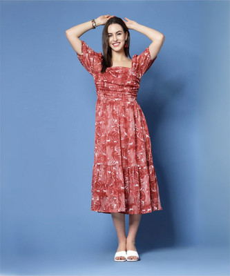 PLUSS Women Fit and Flare Maroon Midi/Calf Length Dress
