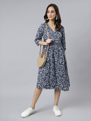Janasya Women Wrap Blue Midi/Calf Length Dress