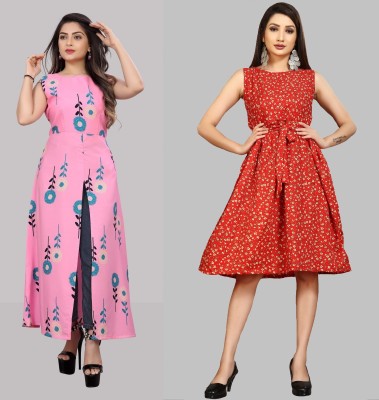 maruti fab Women Fit and Flare Pink, Red Dress