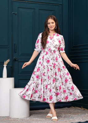 TEESHA Women Fit and Flare White, Pink Dress