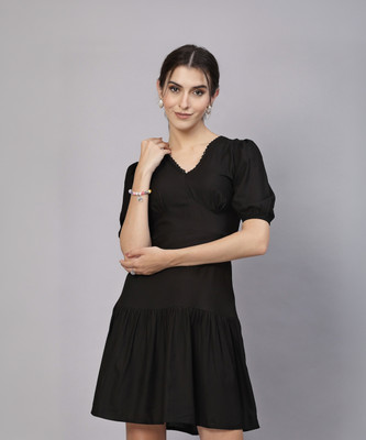 AAYU Women A-line Black Above Knee/Mid Thigh Length Dress