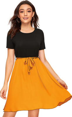 HEER FASHION Women Fit and Flare Yellow Knee Length Dress