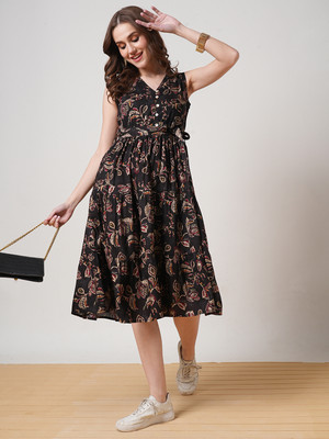 Globus Women Fit and Flare Black Midi/Calf Length Dress