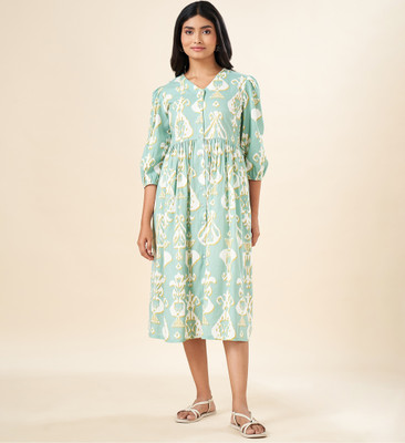 Akkriti by Pantaloons Women Fit and Flare Light Blue, White, Yellow Below Knee Dress