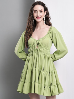 TANDUL Women Fit and Flare Green Above Knee/Mid Thigh Length Dress